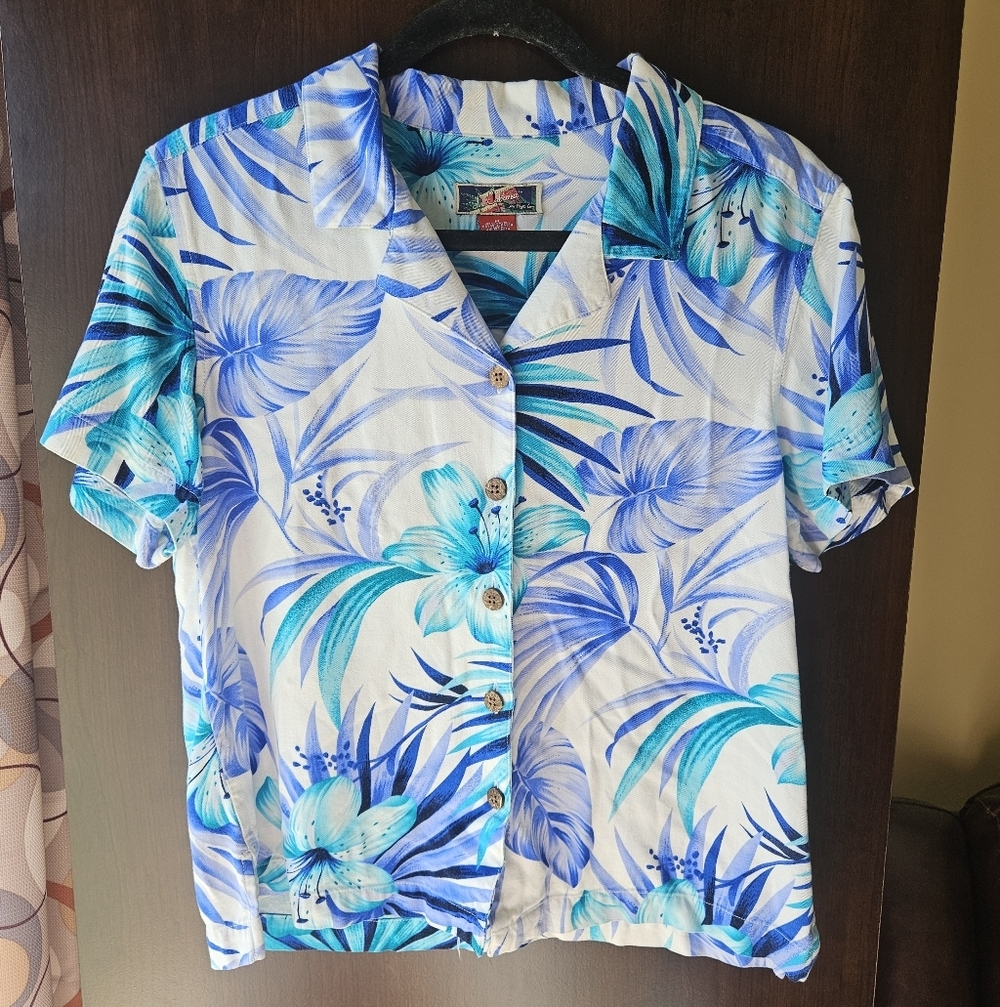 Vintage La Cabana Tropical Blue Floral Button-Up Shirt Size Medium